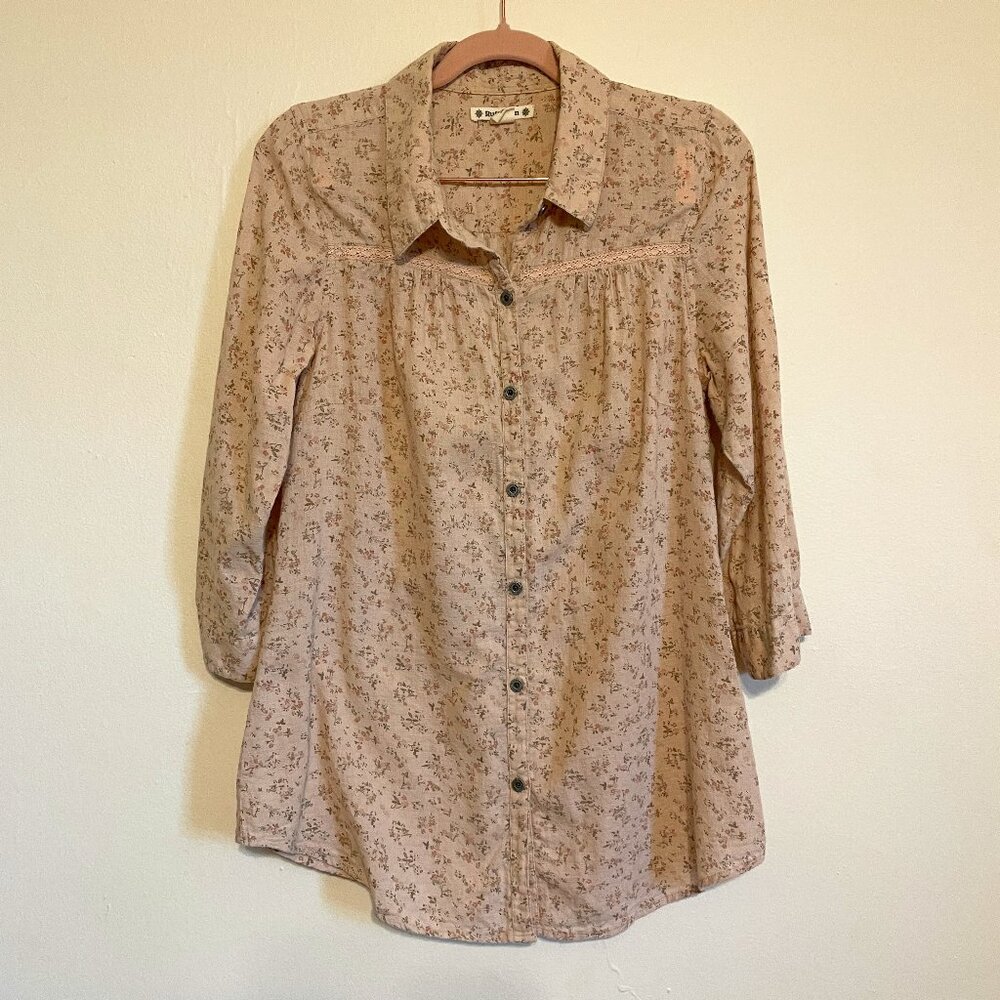 💃🏻 Ruff Hewn | Pink Floral Soft Cotton 3/4 Sleeve Button-Down Top Medium